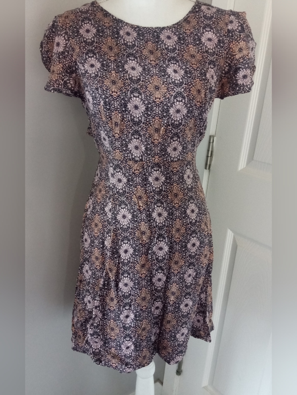 Forever 21 Black and Tan Floral Medallion Fit & Flare Mini Dress